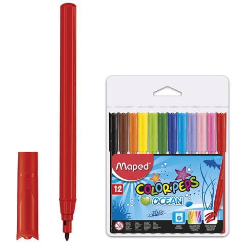 Фломастеры MAPED (Франция) "Color'peps Ocean", 12 цветов, смываемые, вентилируемый колпачок, упаковк