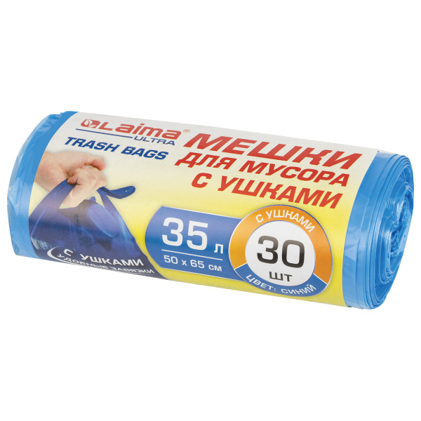 Мешки д/мусора 35л с ушками LAIMA "ULTRA" в рулоне 30шт., ПНД 11 мкм, 50х65 см, синие