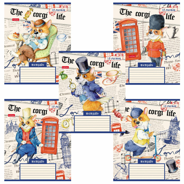 Тетрадь 18л. HATBER клетка, обложка картон, Корги_LIFE (5 видов в спайке), 18Т5В1