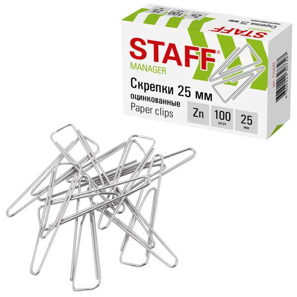 Скрепки STAFF 25 мм, оцинкованные, треугольные, 100 шт., в картонной коробке