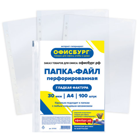 Папки-файлы перфорированные ОФИСБУРГ, А4, КОМПЛЕКТ 100 шт., гладкие, 30 мкм, 227525