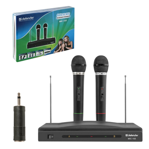 Микрофоны DEFENDER MIC-155, набор, беспроводные, радио 87-92 МГц, радиус действия 30 м, черные, 6415 Микрофоны DEFENDER MIC-155, набор, беспроводные, радио 87-92 МГц, радиус действия 30 м, черные, 6415