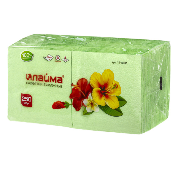 Салфетки бумажные 250шт, 24х24см, LAIMA/ЛАЙМА, зеленые (пастельный цвет), 100% целлюлоза Салфетки бумажные 250шт, 24х24см, LAIMA/ЛАЙМА, зеленые (пастельный цвет), 100% целлюлоза