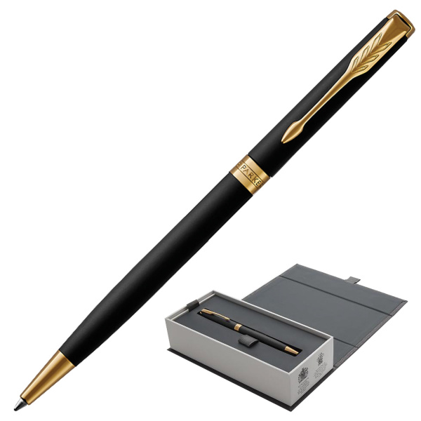 Ручка шариковая PARKER "Sonnet Core Matt Black GT Slim", тонкая, корпус черный матовый лак, позолоче