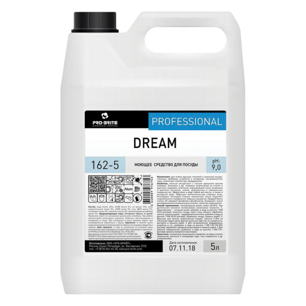 Средство для мытья посуды 5л, PRO-BRITE DREAM, фруктовый аромат, нейтральное, концентрат, 162-5