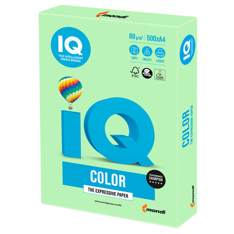 Бумага IQ (АйКью) color, А4, 80 г/м2, 500 л., пастель зеленая, MG28