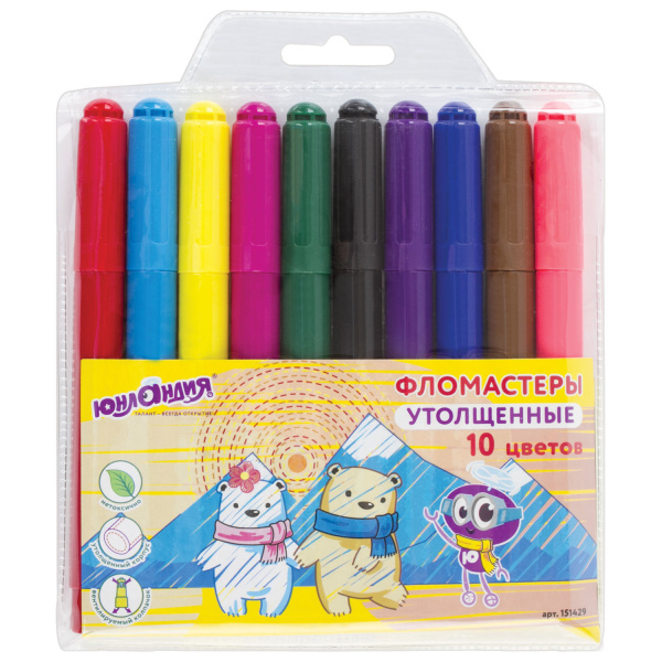 Фломастеры ЮНЛАНДИЯ 10 цв., "ЮНЛАНДИК В АРКТИКЕ", утолщенные, ударопрочный наконечник, ПВХ, 151429