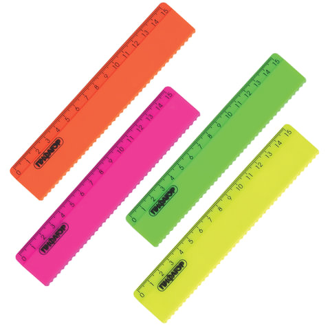 Линейка пластик 15 см ПИФАГОР, неоновая, ассорти, с волнистым краем, 210614