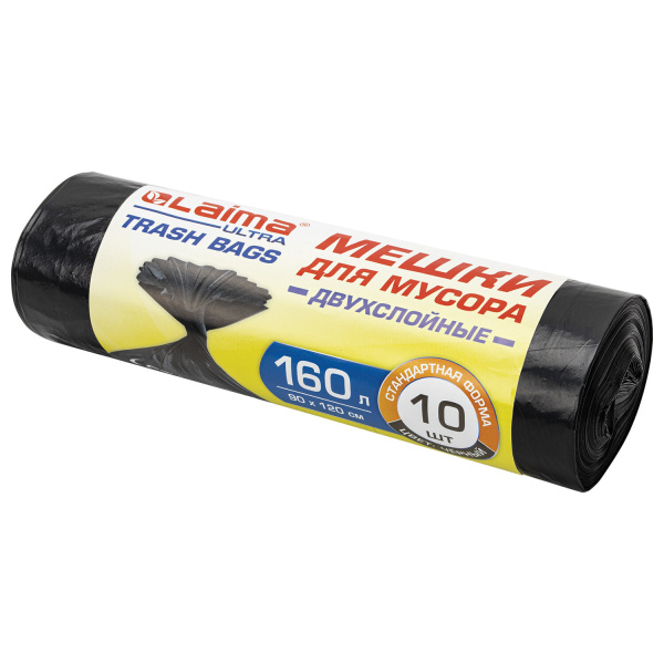 Мешки д/мусора 160л LAIMA "ULTRA" 10шт. прочные, ПВД 30 мкм, 90х120 см, черные