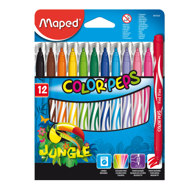 Фломастеры MAPED (Франция) "Jungle", 12 цв, смываемые, вент.колпачок, упаковка с европодвесом,845420 Фломастеры MAPED (Франция) "Jungle", 12 цв, смываемые, вент.колпачок, упаковка с европодвесом,845420