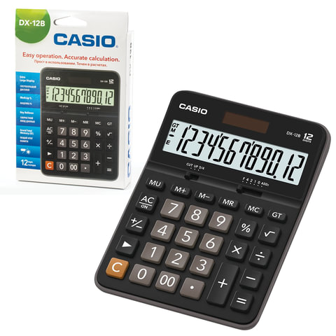 Калькулятор CASIO настольный DX-12B-W, 12 разрядов, двойное питание, 175х129 мм, европодвес, черный,