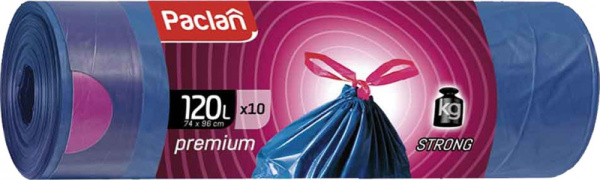 Мешки д/мусора 120л с завязками PACLAN "Premium" в рул 10 шт., ПВД, 39 мкм, 74х96 см,  2317