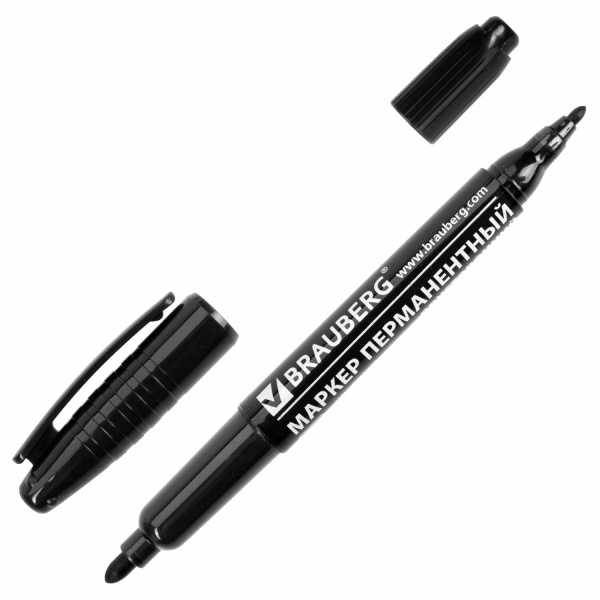 Маркер перманентный (нестираемый) BRAUBERG двусторонний, круглый наконечник 2-4мм, черный, 150836