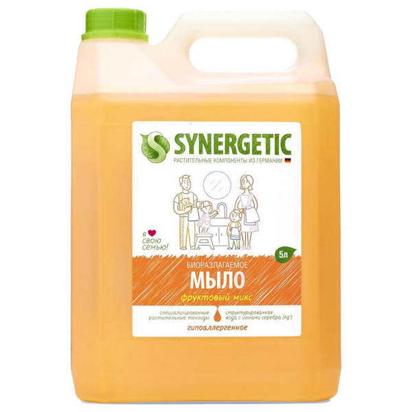 Мыло жидкое 5л SYNERGETIC "Фруктовый микс", гипоаллергенное, биоразлагаемое, ш/к 58434