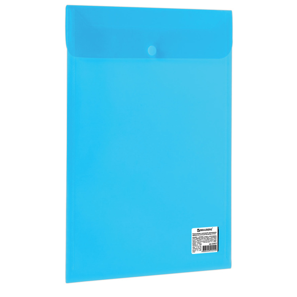 Папка-конверт с кнопкой BRAUBERG А4, вертикальная, прозрачная, синяя, до 100 листов, 0,15мм, 224977