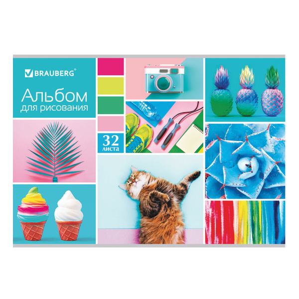 Альбом для рисования А4, 32 л., скоба, блестки, BRAUBERG, 202х285 мм, "Коллаж 2" 
