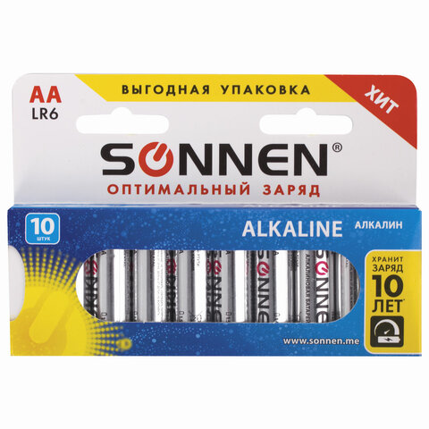 Батарейка, SONNEN Alkaline, АА (LR6, 15А), алкалин, пальчиковая, 451086