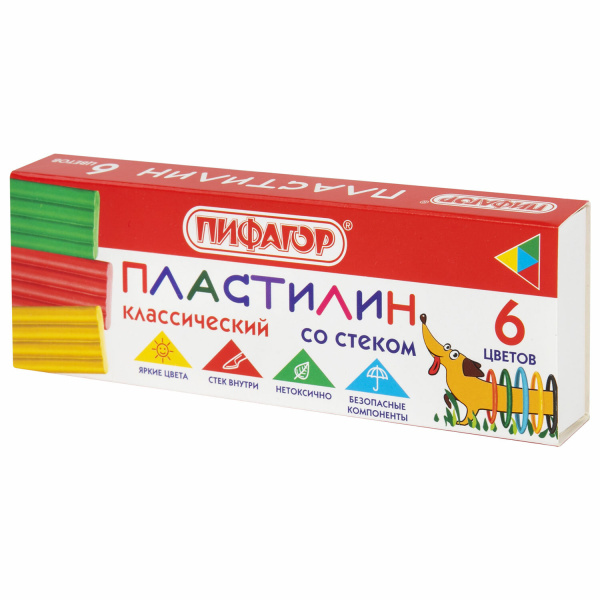 Пластилин классический ПИФАГОР "Веселая такса", 6 цветов, 90 г, СО СТЕКОМ