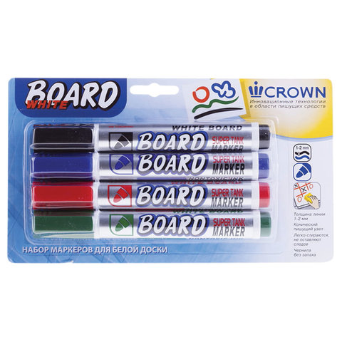 Маркеры для доски CROWN, НАБОР 4 шт., "Multi Board", круглый, 3 мм (черный, синий, зеленый, красный)