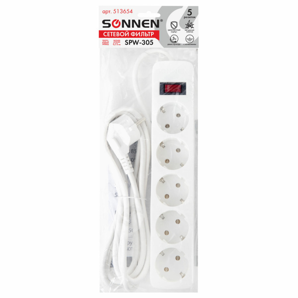Сетевой фильтр SONNEN SPW-305, 5 розеток с заземлением, выключатель, 10 А, 3 м, белый, 513654 Сетевой фильтр SONNEN SPW-305, 5 розеток с заземлением, выключатель, 10 А, 3 м, белый, 513654