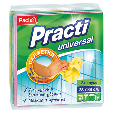 Салфетки универсальные, 38х38 см, КОМПЛЕКТ 3 шт., 110 г/м2, вискоза PACLAN "Practi Universal" 410018