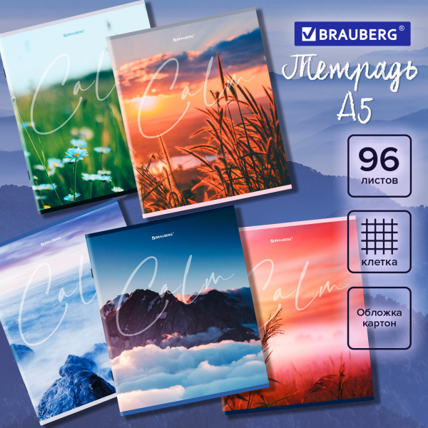 Тетрадь 96л. клетка BRAUBERG, обложка картон, Calm (микс в спайке)