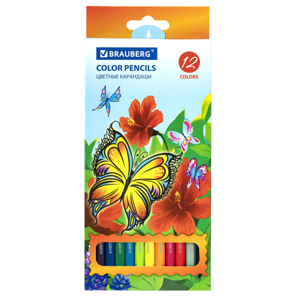 Карандаши цветные BRAUBERG "Butterfly" (Бабочка) 12цв, заточенные, карт.упаковка с блестками, 180535 Карандаши цветные BRAUBERG "Butterfly" (Бабочка) 12цв, заточенные, карт.упаковка с блестками, 180535