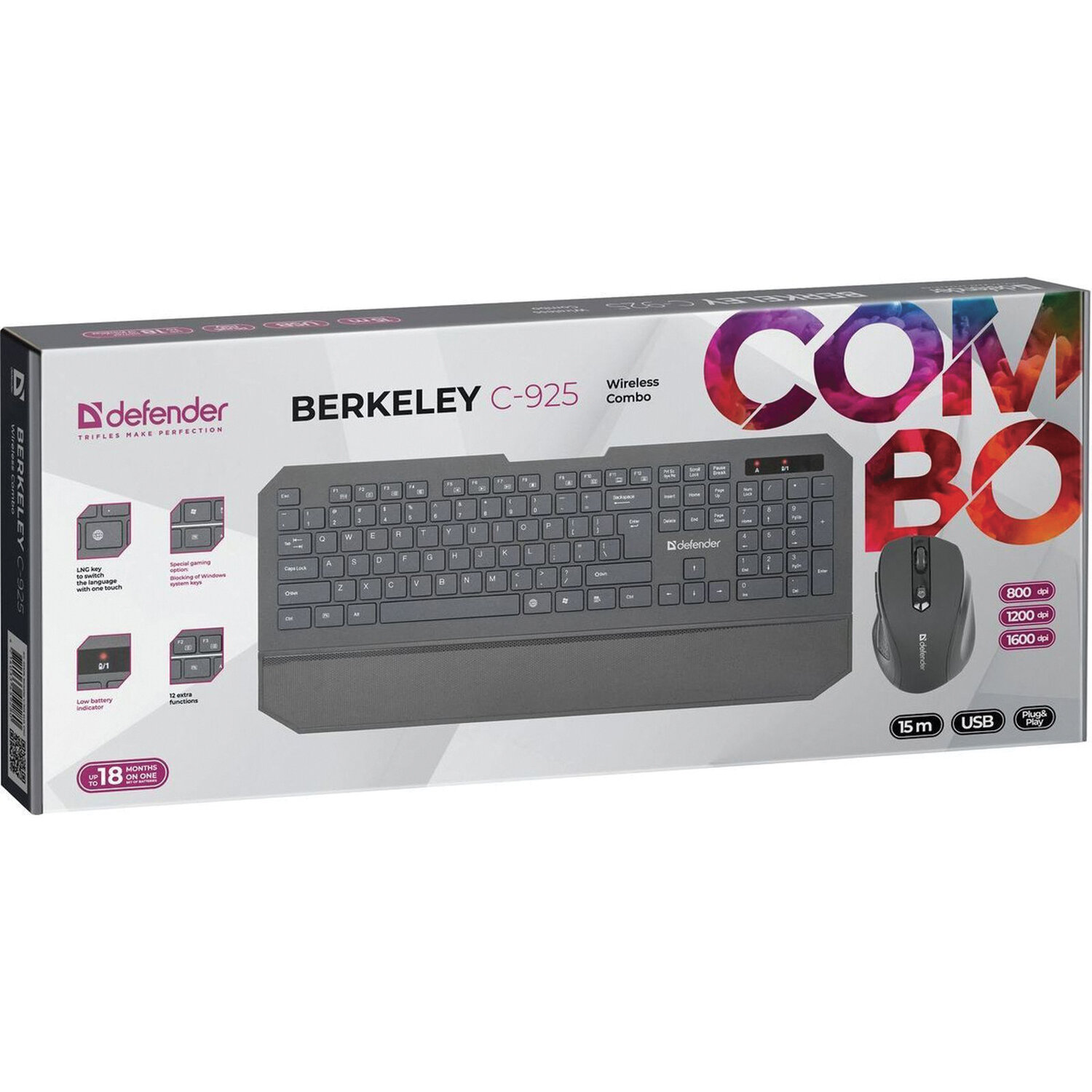Набор беспроводной DEFENDER Berkeley C-925, клавиатура, мышь 5 кнопок + 1 колесо-кнопка, черный