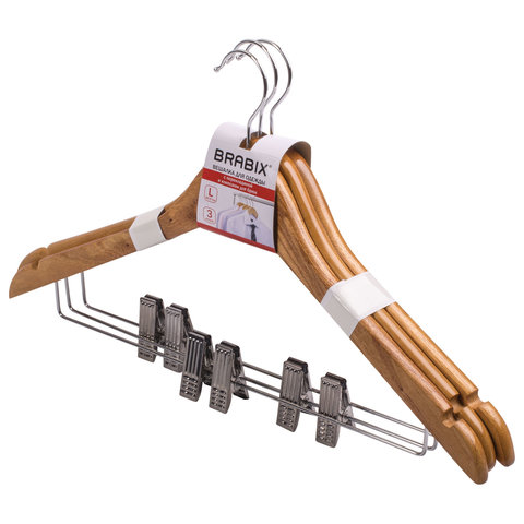 Вешалки-плечики р. 48-50 BRABIX "Стандарт", комплект 3шт., деревянная, клипсы для брюк, цвет сосна