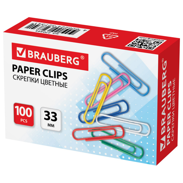 Скрепки BRAUBERG 33 мм, цветные, 100 шт., в картонной коробке