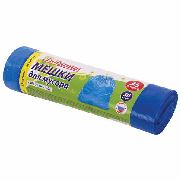 Мешки д/мусора 35л с завязками ЛЮБАША в рулоне 30шт. ПНД 13 мкм, 48х52см, синие