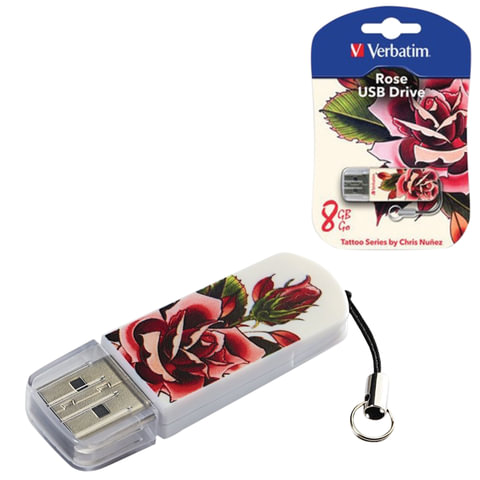 Флэш-диск VERBATIM 8GB Mini Tattoo Edition Rose, USB 2.0,скорость чтения/записи - 8/2,5 Мб/сек