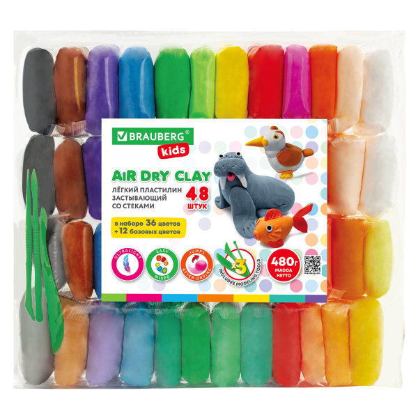Пластилин супер лёгкий застывающий 480г 48 шт(36 цвета+12 базовых!), 3 стека, BRAUBERG KIDS, 106310