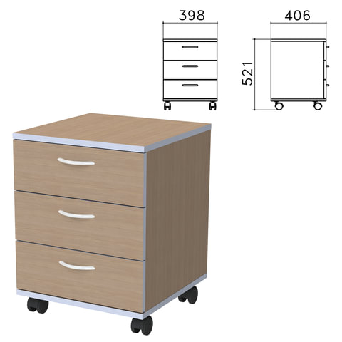 Тумба подкатная "Бюджет", 398х406х521 мм, 3 ящика, орех онтарио, 402656-160