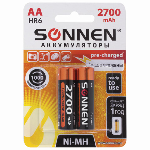 Батарейка аккумуляторная Ni-Mh пальчиковая, АА (HR6) 2700 mAh, SONNEN,