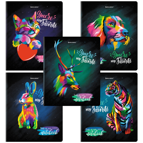 Тетрадь 48л. клетка BRAUBERG, скоба, матовая ламинация, выборочный лак, "Animals Pop-Art"
