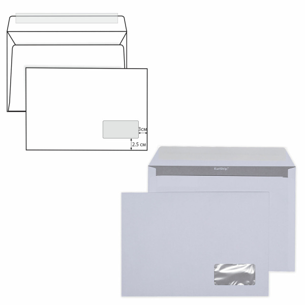 Конверты С4 ПРАВОЕ ОКНО, отрывная лента, 90 г/м2, внутренняя запечатк