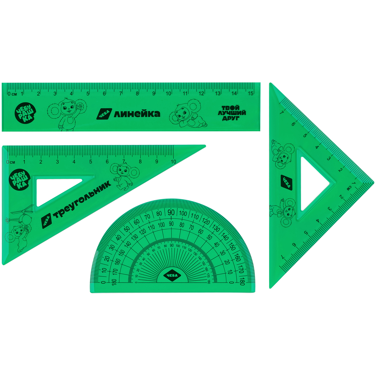 Набор чертежный Мульти-Пульти Чебурашка (линейка 15см, 2 треугольника, транспортир), тонированный, с