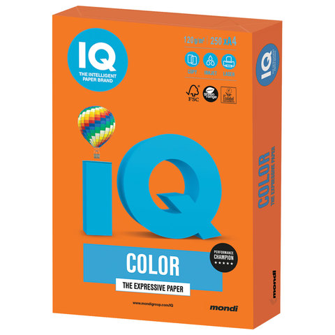 Бумага IQ (АйКью) color, А4, 120 г/м2, 250 л., интенсив оранжевая, OR43